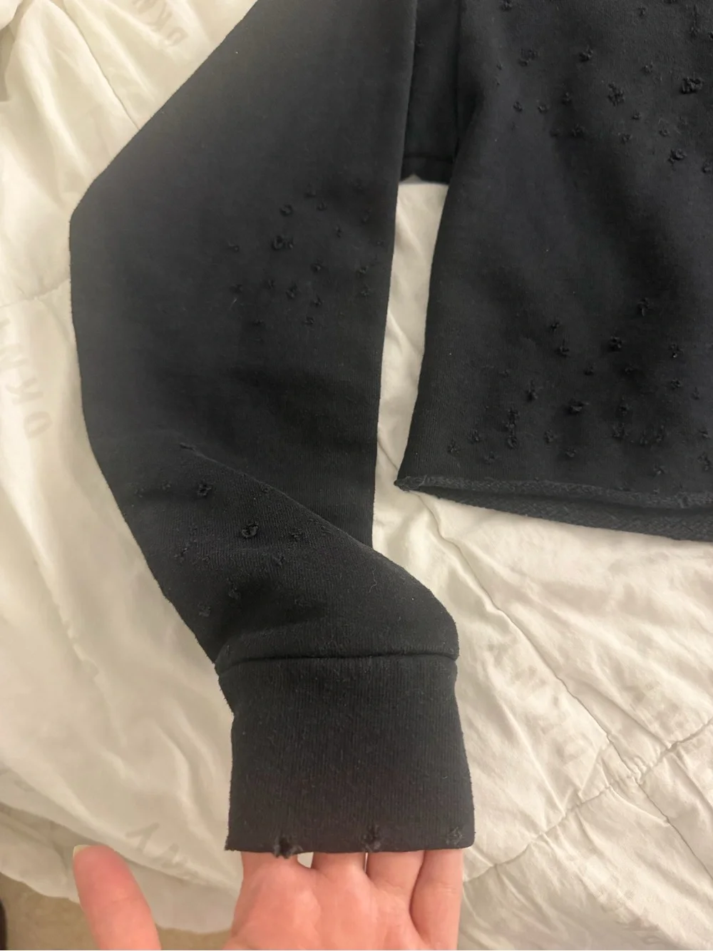 ALO Yoga Black Cropped Distressed Crewneck Sweatshirt